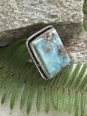 Square Natural Larimar Sterling Silver Ring Sz 8